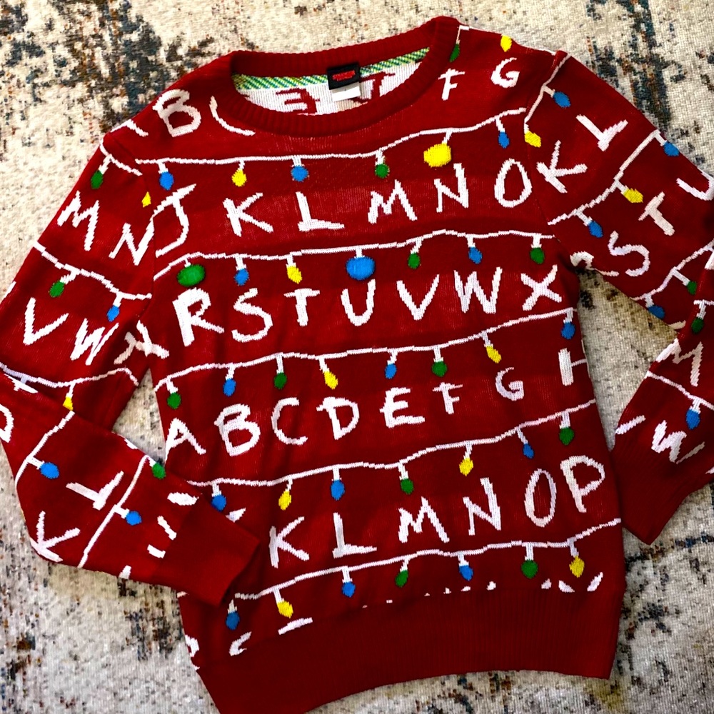 Red Knit Crew Neck Sweater with Alphabet Design